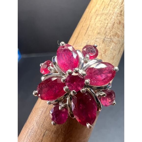 Vintage ruby flower cluster sterling silver ring size 7 - Picture 10 of 16